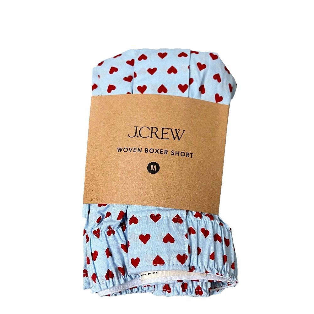J Crew Woven Boxer Shorts Mens M Blue Red Heart Print Cotton Romantic Love BV599